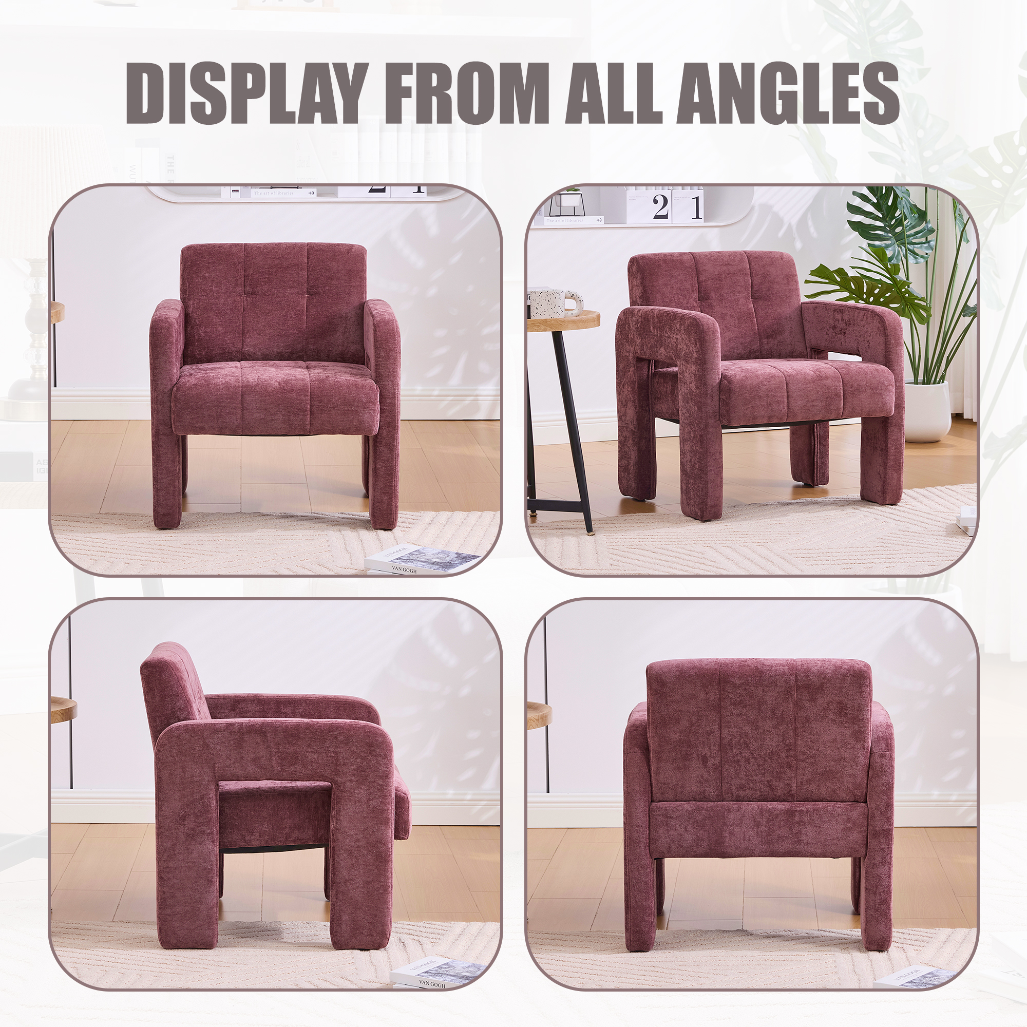 MOONMISS Chenille Upholstered Tufted Comfortable Wood Frame Single Armchair-Wine Red