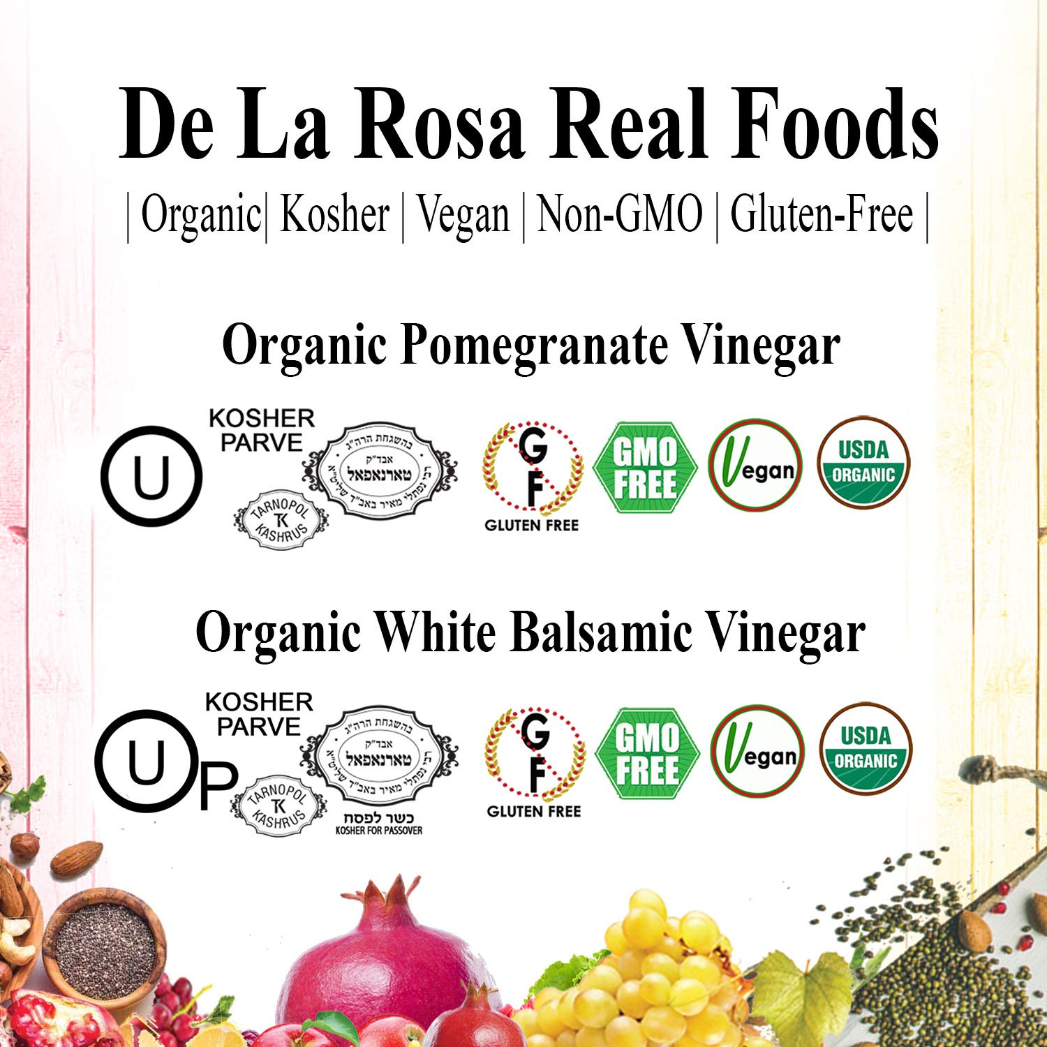 De La Rosa 613 Organic Pomegranate and White Balsamic Vinegar, Vegan, Kosher, Non-GMO & Gluten Free, 16.9 Oz (Pack of 2)