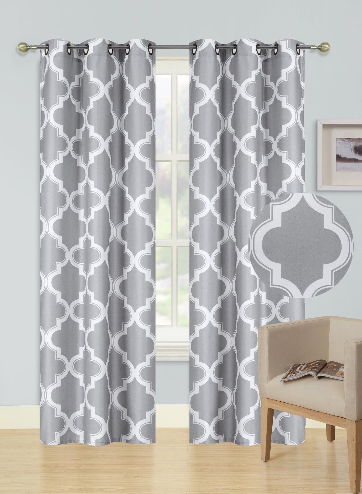 2Piece Moza Silver/White Geometric Blackout Lined Grommet Window