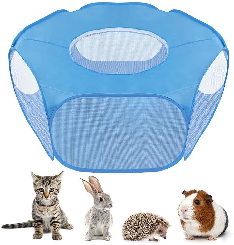 Small Pet Cage with Cover Exercise Yard Fence Portable Small Animals Playpen Transparent Tent Breathable Pop Up Cage Escape Proof Playpen Cage for Guinea Pig Rabbit Hamsters Hedgehog Puppy Cats 