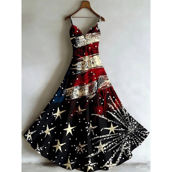 Multicolor Star-Spangled Fireworks Print Maxi Dress With V-Neck And Spaghetti Straps For Celebration Streetwear