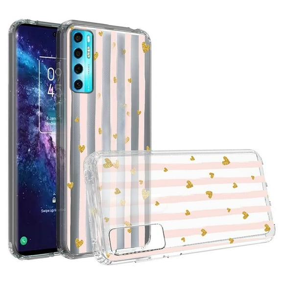 For Tcl 20 Pro 5g Design Transparent Bumper Hybrid Case Cover - Gold Love Stripes