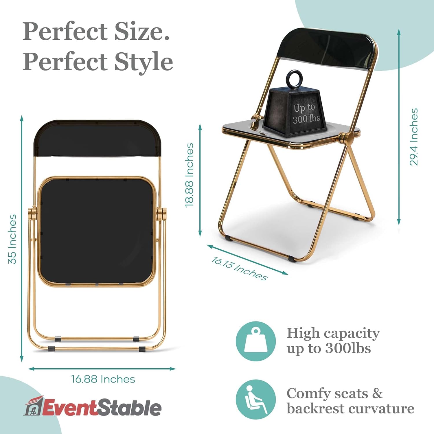 EventStable Clear Acrylic Folding Chair with Electroplate Gold Frame, Lightweight Portable Seating Stackable Comfortable Chair for Indoor Outdoor Dining, Events & Parties - Onyx - 4-Pack