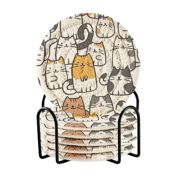 Cartoon Line Cats Coasters with Holder for Coffee Table 6 Pcs Drink Coaster Sets Absorbent for Home Decor 4 inch