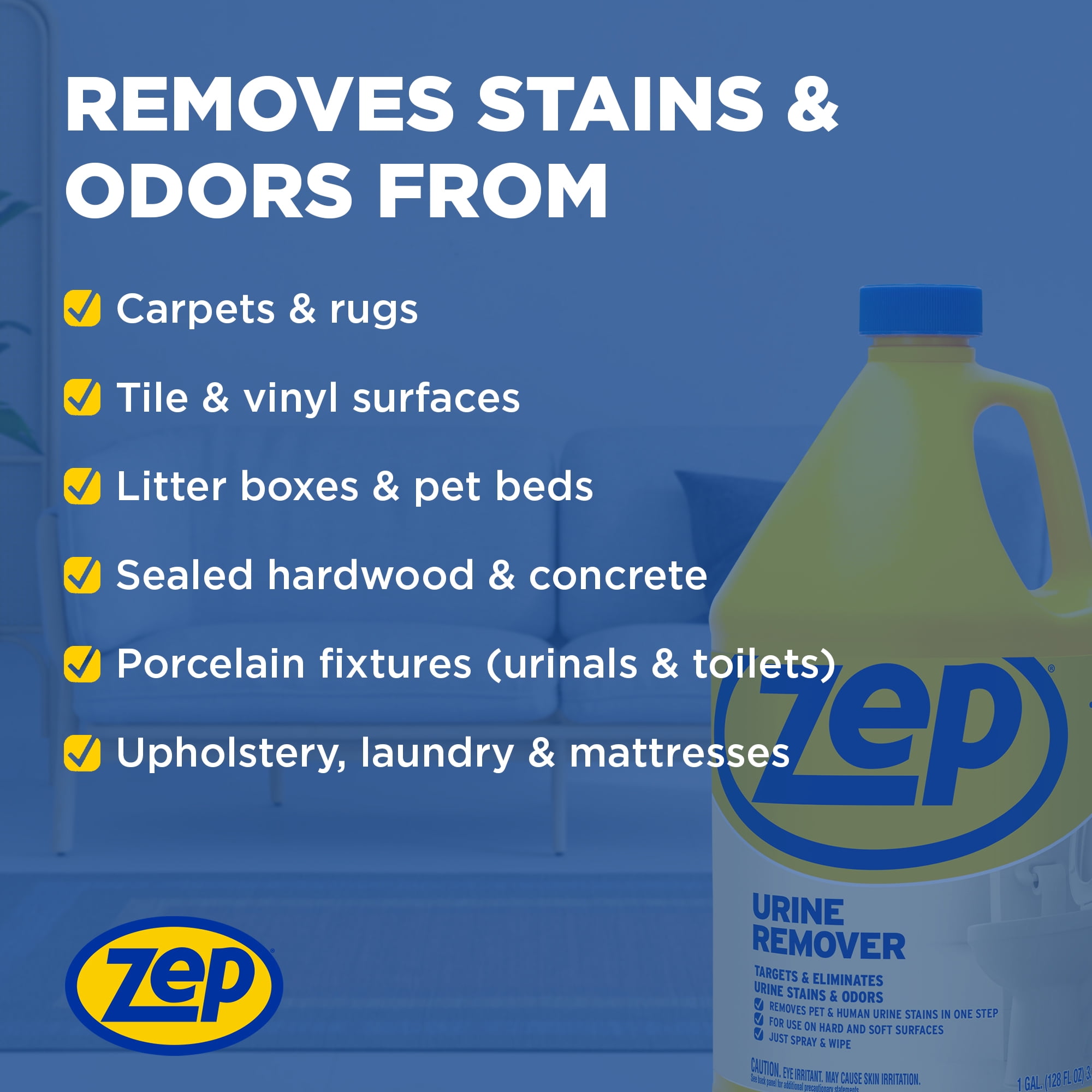 Zep Urine Remover - 1 Gallon (Case of 4) ZUURMV128 - Targets and Eliminates Urine Odors and Stains, Use On Hard and Soft Surfaces