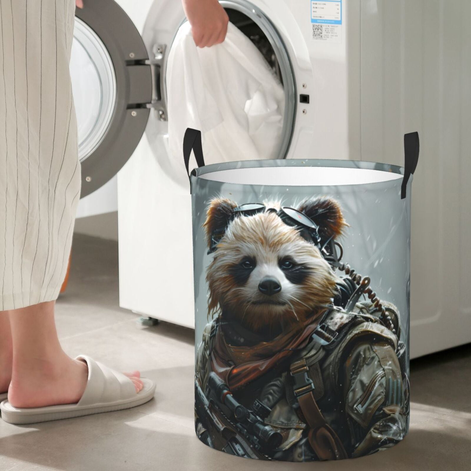 Large Laundry Basket with Handles - Surreal Panda Warrior Kids Baby Dirty Clothes Laundry Hamper for Bedroom Aesthetic