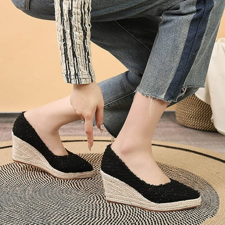

XIAQUJ Women s Spring Style Square Toe Slope Heel Thick Soled Straw Woven Flax Rope Sandals for Foreign Trade Sandals for Women Black 8(40)
