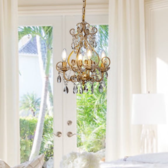 4-Light Antique Gold Crystal Candlestick Chandelier with Teardrop Beads Chandelier