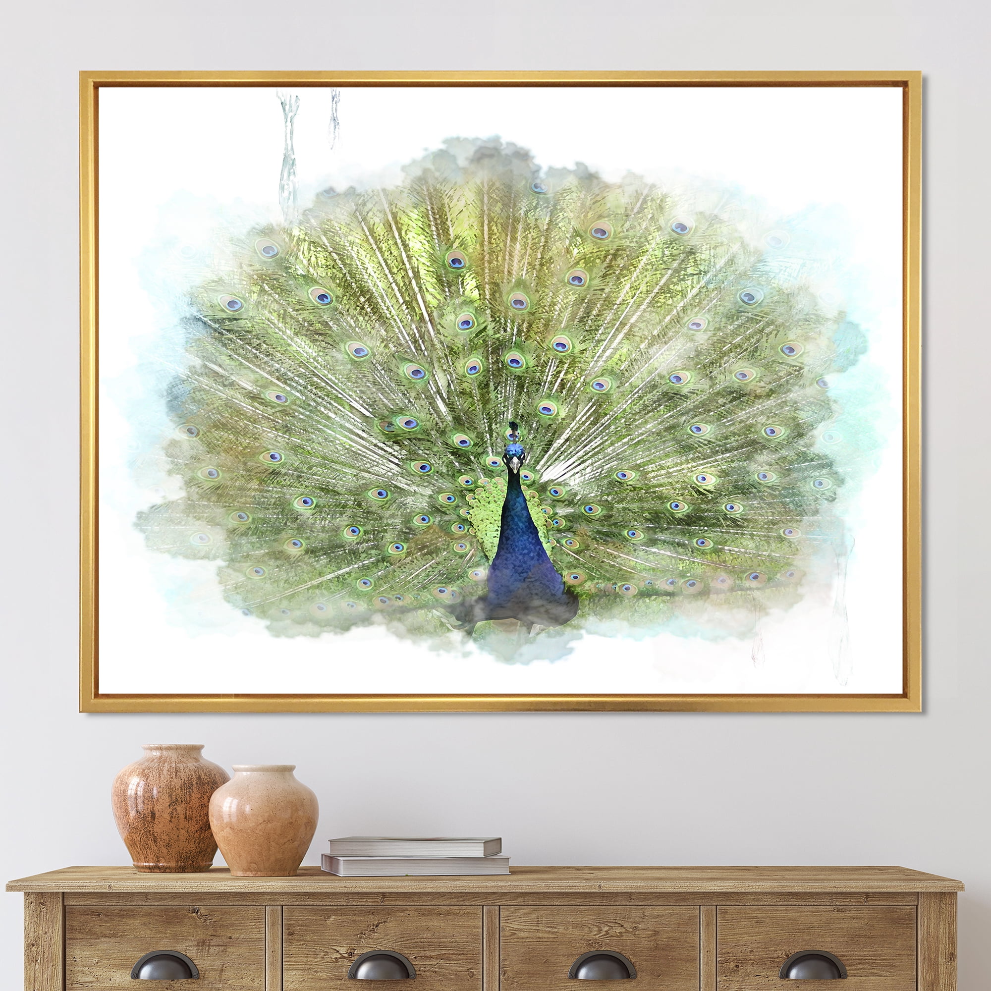 Dancing Peacock Bird 32 in x 24 in Framed Painting Canvas Art Print, by Designart