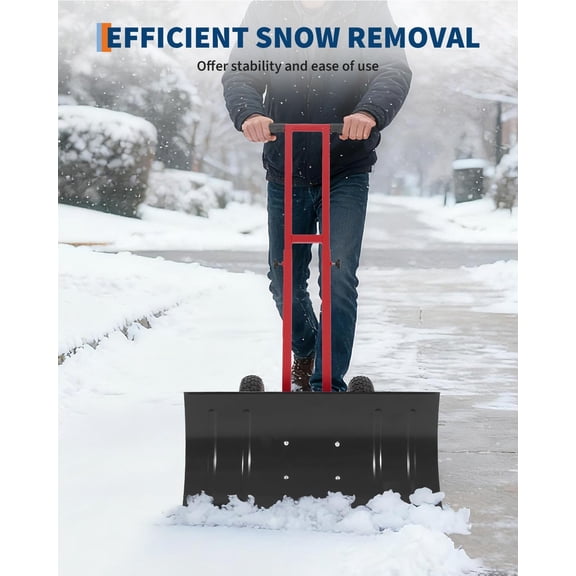 Acekid 29"x14" Heavy-Duty Snow Shovel with Wheels, Rolling Snow Pusher 5-Position Adjustable Handle, Red/Black