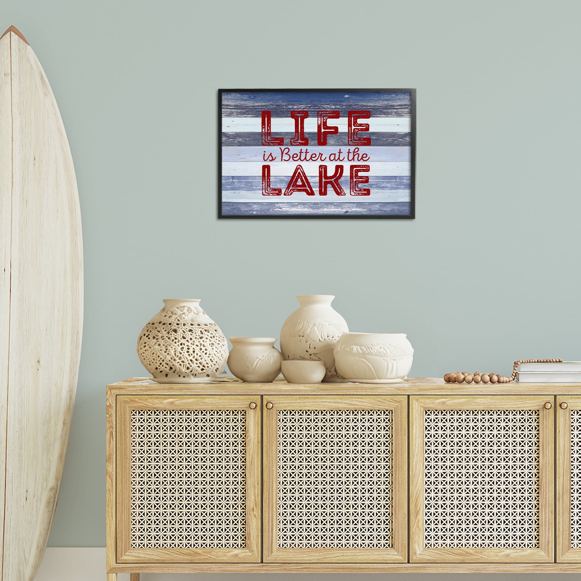 Stupell Industries Life At Lake Striped Coastal Painting Black Framed Art Print Wall Art, 24 x 16