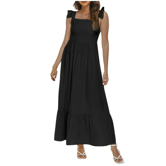USSUMA Dresses for Women 2025 Casual Spring Womens Dresses Sleeveless Square Neck Casual Solid Color Beach Maxi Dress Lounging Dresses Loose Dresses Business Holiday Saving Black Dress Size-XXL