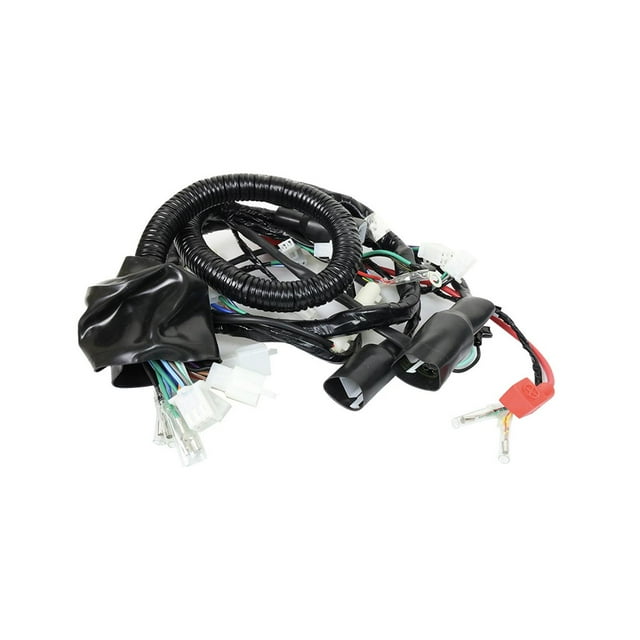 arnes electrico roda vento tornado 250 (21) 12v multicolor, arnés de cableado con mazo enrollado en funda corrugada negra, conectores blancos de plástico, terminales metálicos y cables multicolores sobre fondo blanco. Diseñado para Tornado 250.