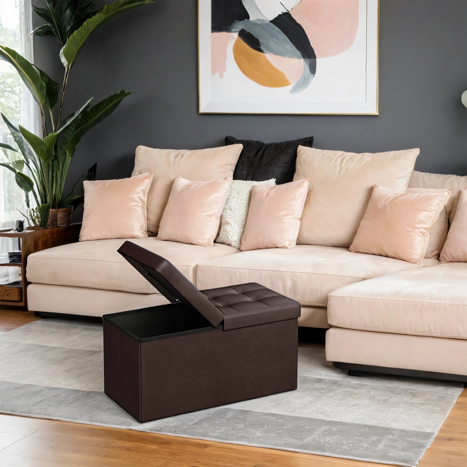 LEDREM 30" Flip-Top Storage Ottoman Bench, 660lb Capacity, Multi-Functional Footrest, Seat, Coffee Table, Easy-Clean Synthetic Leather, Brown