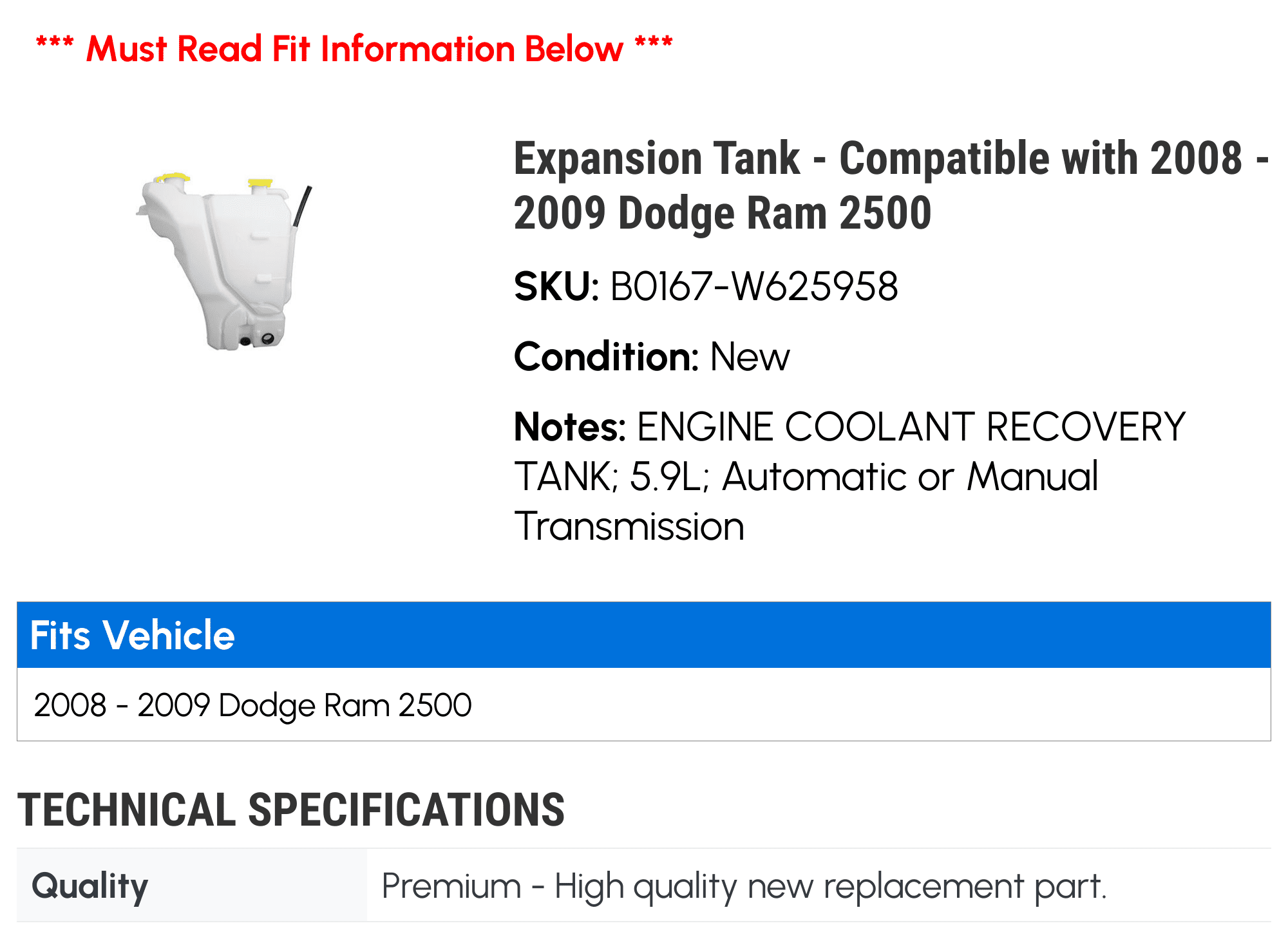 Expansion Tank - Compatible with 2008 - 2009 Dodge Ram 2500