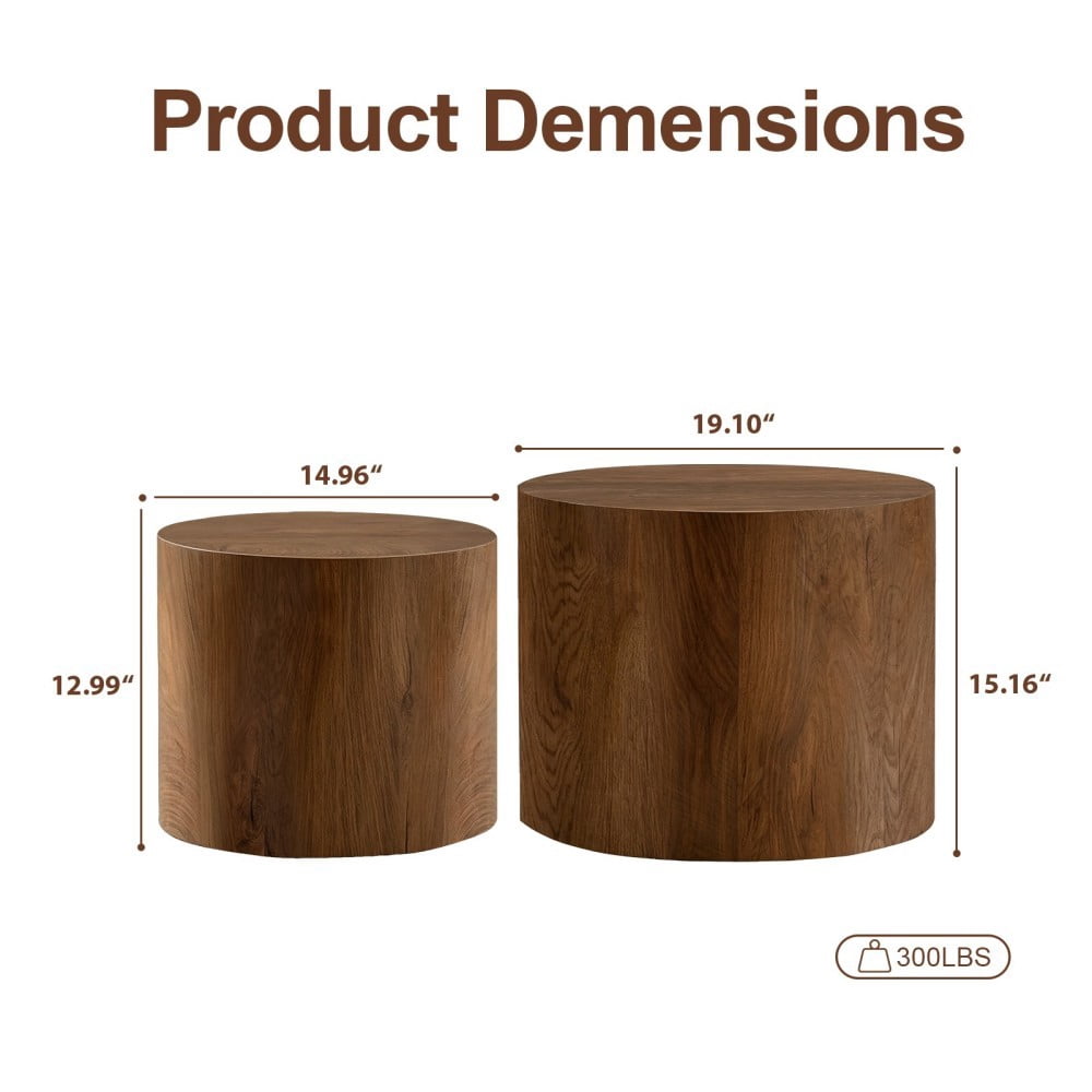Nesting Coffee Table Set of 2, Modern Round Wood Side Tables with Non-Slip Feet, Small End Tables for Living Room, Bedroom, Office, Balcony, Small Spaces, Walnut