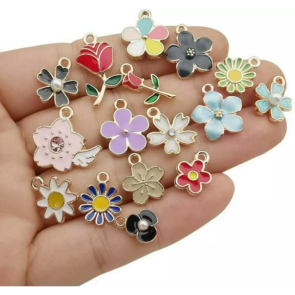 U8MO 10 Enamel Gold Charms Mixed Pendants Findings Flower Floral Set Assorted Lot Mix