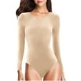 thumbnail image 2 of Womens Long Sleeve Rib Knit Bodysuit Round Neck Solid Color Sexy Ribbed One Piece Romper Onesies Bodycon Tops (Medium, Khaki), 2 of 5