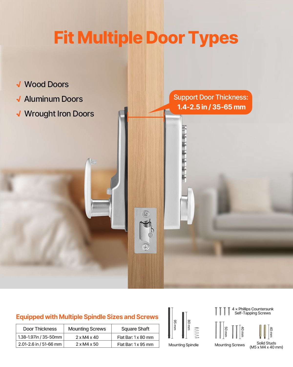 Mechanical Combination Door Lock, Keyless Entry with Adjustable Handles, Surface Mount 1.4-2.5 Inch Door Compatibility, Zinc Alloy, No Batteries for Gate Garden Garage