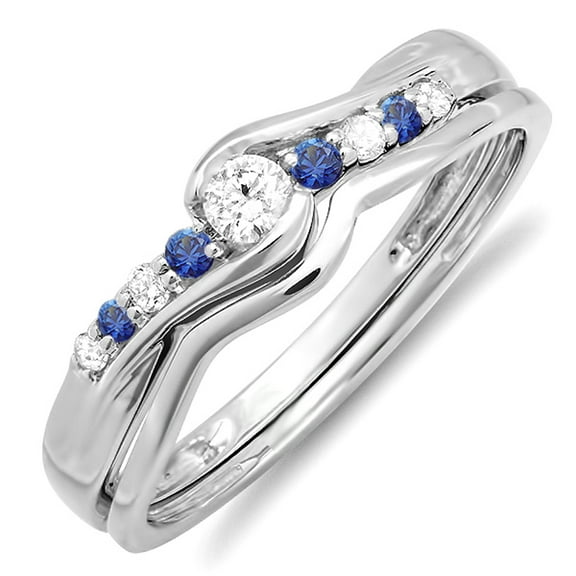 Dazzlingrock Collection 10K Round Blue Sapphire & White Diamond Ladies Bridal Promise Engagement Ring Set, White Gold, Size 7