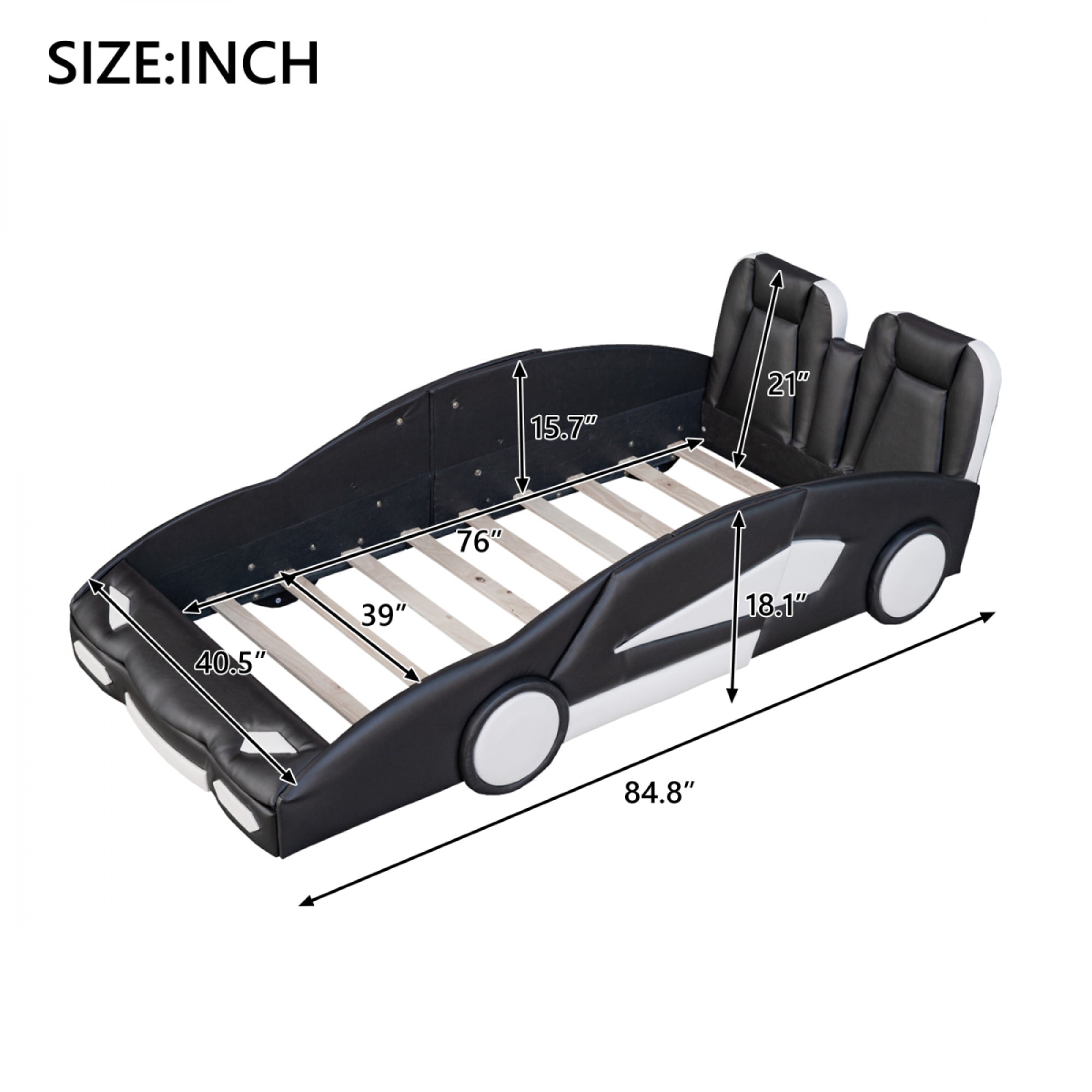 Twin Size Race Car-Shaped Platform Bed with Wheels for Kids, Wooden Bed Frame for Bedroom, No Box Spring Needed,Black