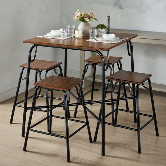 Resenkos Dining Room Table Set,Dining Table Set,5 Pieces Bar Table Set with 4 Counter Height Backless Stools-Rustic Brown