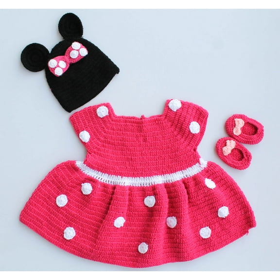 Woonie Handmade Crochet Polka Frock with Cap and Booties-Pink