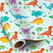 RUSPEPA Dinosaur Wrapping PresNok Paper Roll for Boys, Mini Dinosaur Gift Wrap with Palm Tree and Footprint Design, Perfect for Kids' Birthday, Dino Party, Baby Shower, 17 Inches x 16.4 Feet