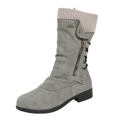 Quealent Women s Low-Heeled Mid Calf Boots-Winter Square Toe Vintage Warm Zipper Boots Walking Shoes Women Womens Boots (Gray 7.5)