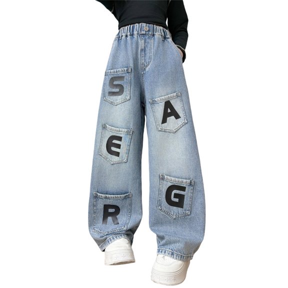 MuXiKeJi Clothes Baggy Jeans for Girls Front Pocket Letter Print Loose Fit Straight Leg Denim Pants Autumn Casual Bottoms Girls Wide Leg Jeans