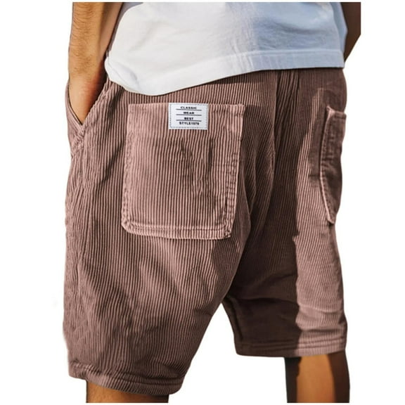 Erwazi Corduroy Shorts for Men Casual Solid Color Elastic Waist Outdoor Hiking Shorts with Pockets, M