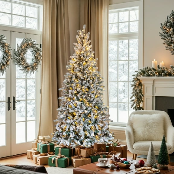 UBesGoo 7ft Snow Flocked Christmas Tree, Pre-Lit Hinged Artificial Pine with 400 Lights, Snowy Green