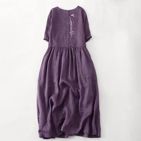 Teyfeniy Women Modest Dresses Summer Spring Button Down Casual Dress Crew Neck Short Sleeve Maxi Dress Going Out Date Holiday Vacation Fashion Outfit Solid Color Long Dresses
