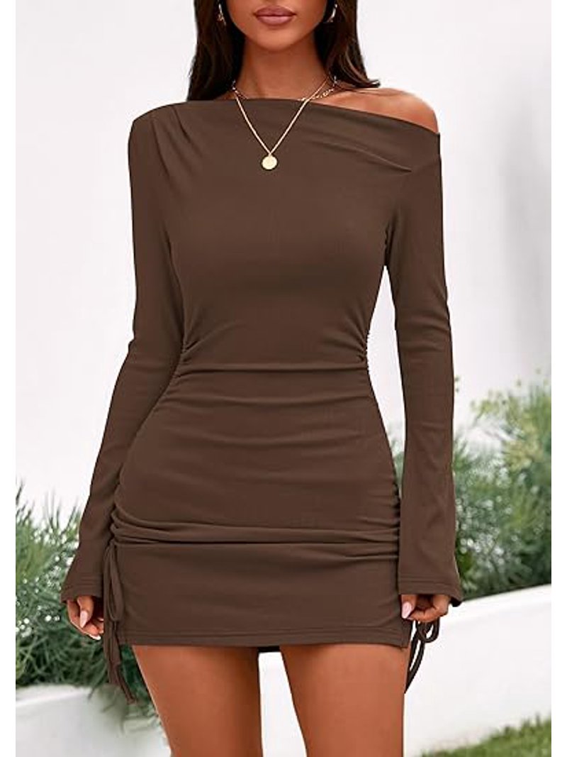 Prettygarden Women's Fall Off The Shoulder Dresses Casual Long Sleeve Ruched Side Slit Cocktail Party Bodycon Mini Dress, Size: Medium, Brown