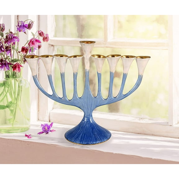 Artistic Floral Hanukkah Menorah - Trumpet Flower Hanukkiah Enamel Plated Painted in Blue and Gold - fits Standard Chanukah Candles - Comes in a Gift Box Collectible Candle Menorahs by Zion Judaica