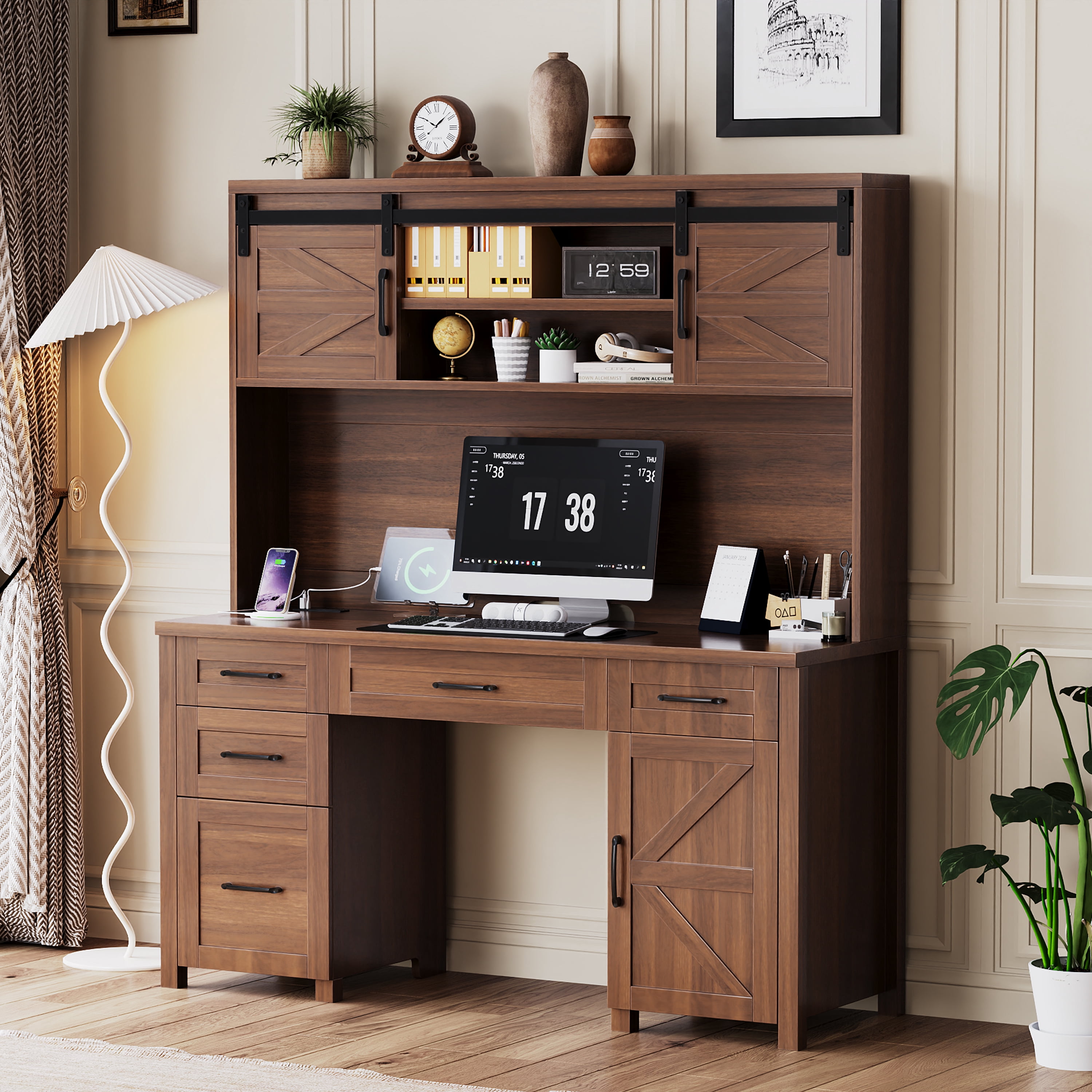 Aukfa Farmhouse Computer Desk with Hutch & Charging Station, Home Office Executive Desk, Sliding Barn Doors and 5 Drawers,Walnut