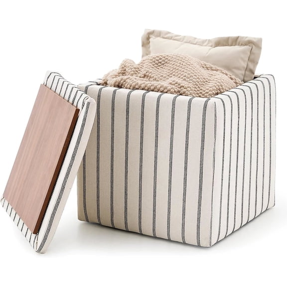 Casa Pura Furniture Modern Storage Ottoman with Detachable Tray, Hidden Storage, Cream Stripe, 18 Inch Square, Single Pack