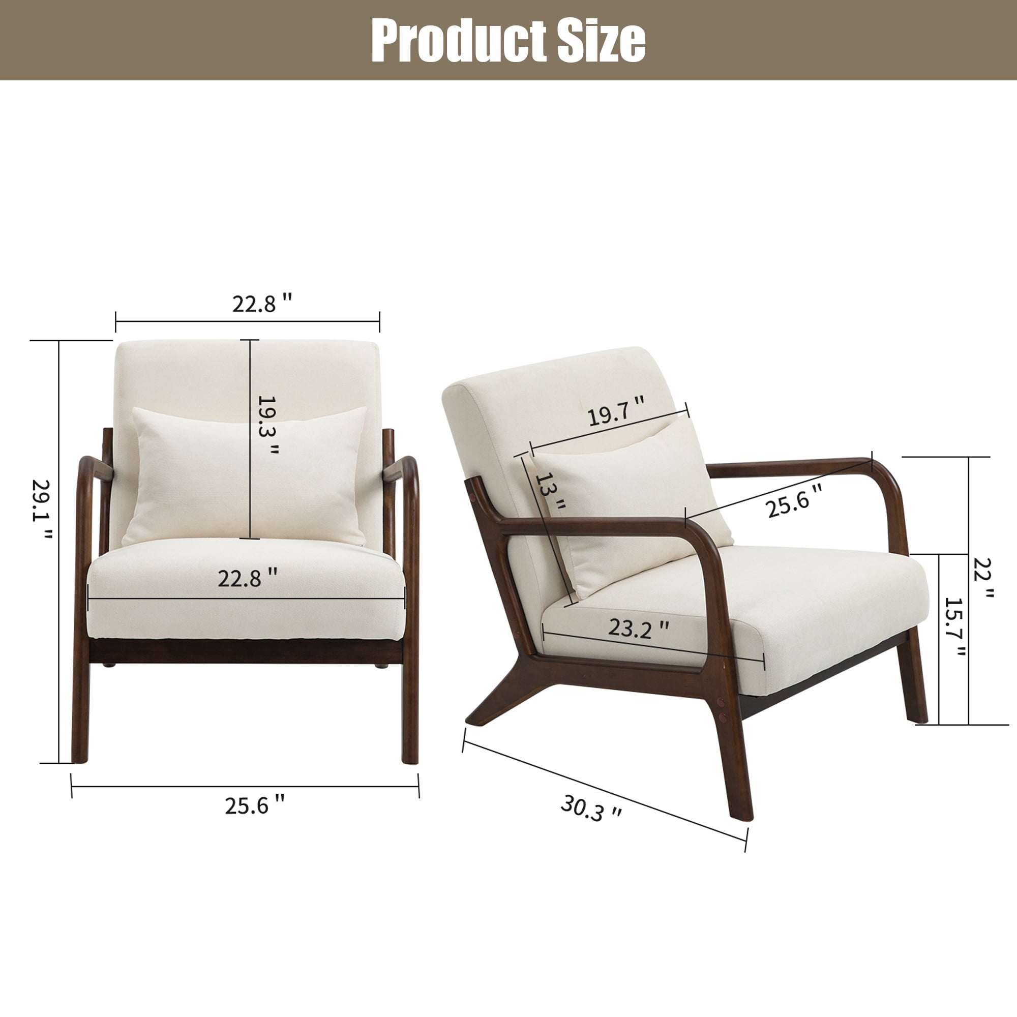 PAPROOS Mid-Century Modern Accent Chair, Velvet Fabric Arm Chair with Wood Frame and Pillow, Upholstered Armchair Comfort Reading Chair Lounge Chair for Living Room Bedroom Sunroom, Beige