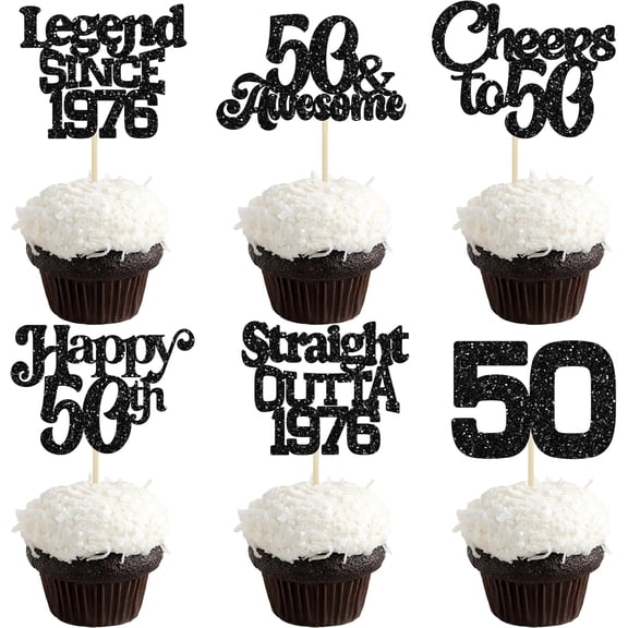 12Pcs Black Glitter 50th Birthday Cupcake Toppers, Legend Since 1976, Cheers to 50 Picks for 50th Birthday Party Cake Decorations