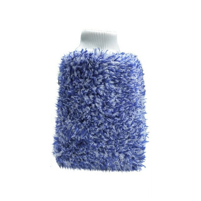 Guante de microfibra de felpa gruesa para lavado de autos, doble cara, diseño azul con ribetes blancos, herramienta esencial para limpieza vehicular.