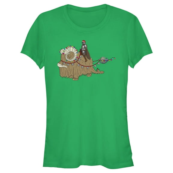 Junior's Star Wars: The Mandalorian Christmas Lights Bantha Graphic Tee Kelly Green Large