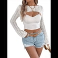 thumbnail image 1 of Tops Cortos de Crochet para Mujer, Estilo Y2K, de Larga, Cuello Redondo, Encogimiento de Hombros, con Aberturas, para Playa de Verano. Albaricoque S, 1 of 10