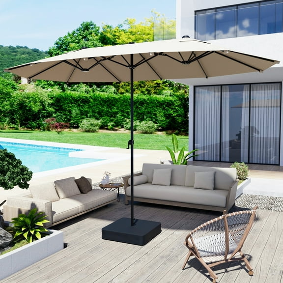 15ft Large Patio Umbrella with Base Included, Outdoor Double-Side Rectangular Umbrella for Deck, Market, Ourside, Beige