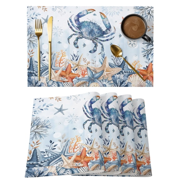 Crab Coastal Placemats Set of 4 Summer Beach Blue Ombre Coral Starfish Place Mats Indoor Wipeable Table Mats Washable Cloth Dining Table Placemats for Kitchen Holiday Party Home Decor 13x19 Inch