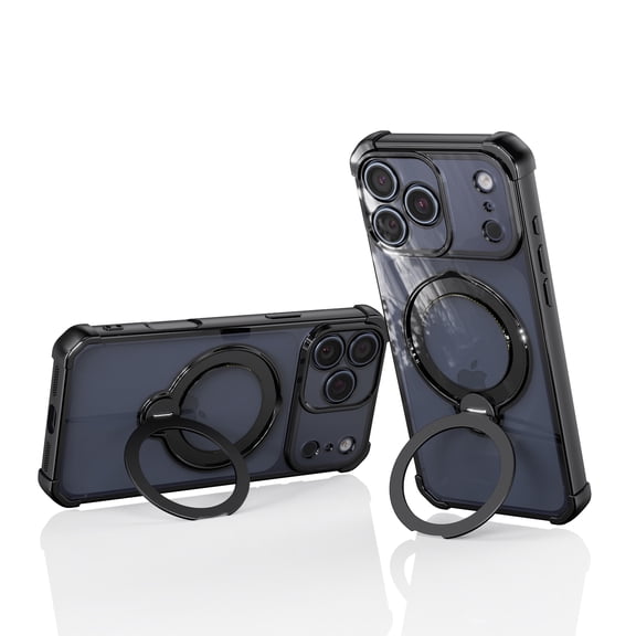 Luxury Clear Case for iPhone 17 Pro, Magnetic Ring Holder Stand, Plated Slim TPU PC Cover, Anti-Yellow Shockproof Protective Phone Case for iPhone 17 Pro, Black