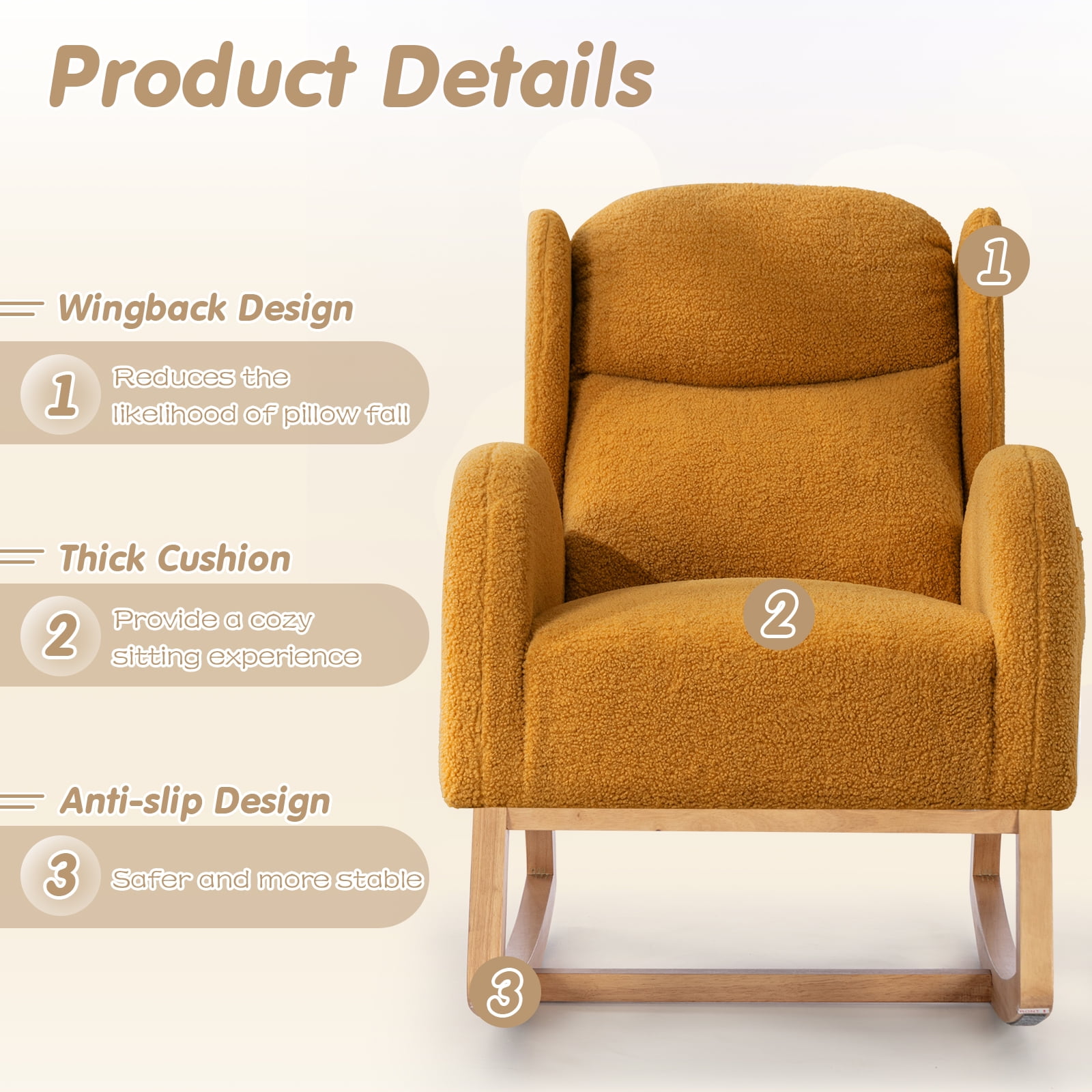 Lunale Indoor Rocking Chair, Upholstered Accent Rocker Chair with Wood Legs, Yellow Teddy