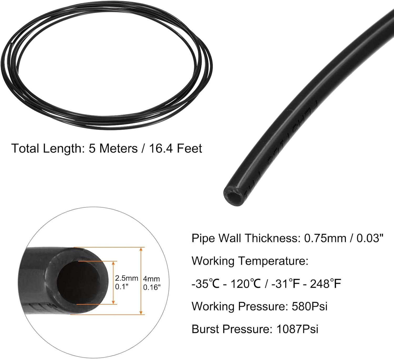 MKEUDQ-Pneumatic Air Line Tubing 4mm OD x 2.5mm ID 5 Meters(16.4 FT) Air Compressor Nylon Tubes Polyamide Air Tubing Hose Tube for Air Compressor Water Fluid Transfer, Black