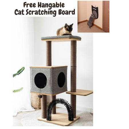 UPC: 0819776022631 | PetPals 42  3-Level Gray Cat Condo Wooden Medium Cat Tree with Grooming Brush Scratching Post Tower with Plush Perches Big Adult Cats with Free Cat Scratching Post