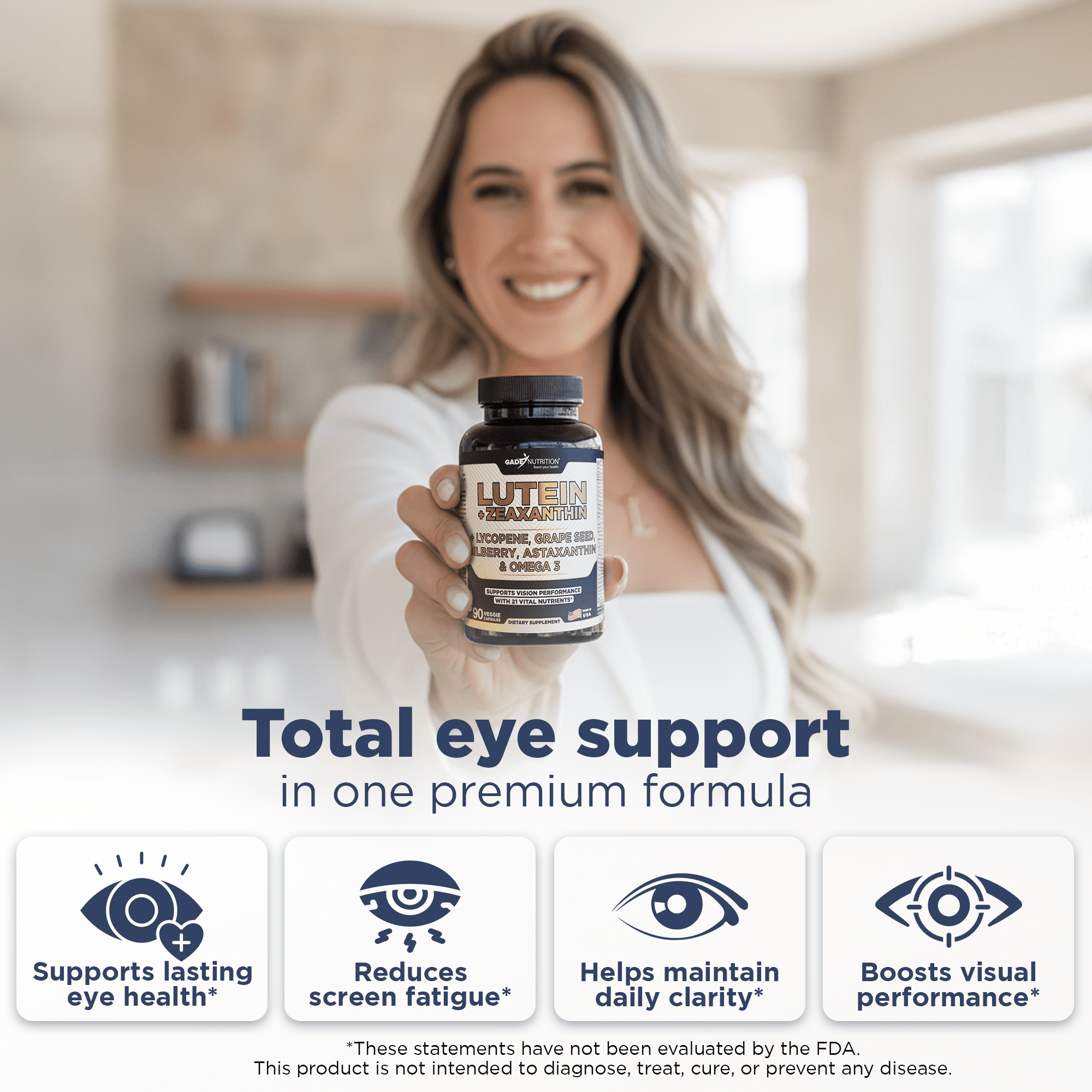 Gade Nutrition Lutein and Zeaxanthin Supplements + Astaxanthin, Omega 3, Resveratrol, Bilberry, Lycopene, Quercetin, Ginkgo Biloba, Vitamin D - Advanced Eye Support & Health Vision Formula