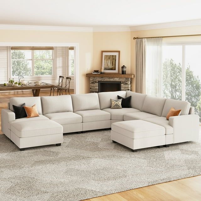 HONBAY 128.1" Modular Sectional Sleeper Sofa Bed Couch Corduroy U Shape with Storage Ottomans for Living Room, Beige